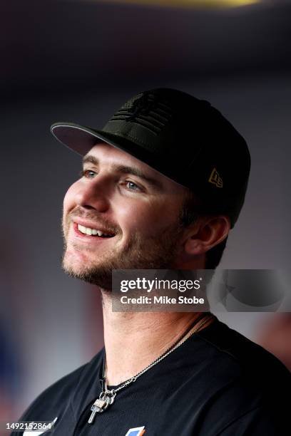 Pete Alonso of the New York Mets looks on prior to the start of the game against the Cleveland Guardians at Citi Field, in game two of a doubleheader...