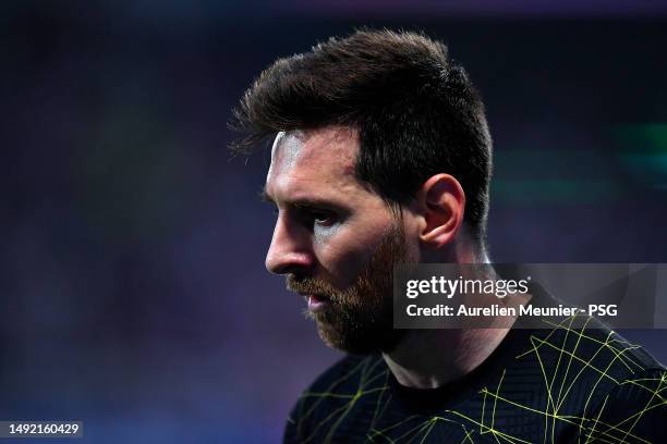 Leo Messi of Paris Saint-Germain looks on during the Ligue 1 match between AJ Auxerre and Paris Saint-Germain at Stade Abbe Deschamps on May 21, 2023...