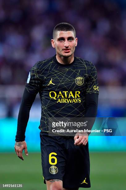 Marco Verratti of Paris Saint-Germain looks on during the Ligue 1 match between AJ Auxerre and Paris Saint-Germain at Stade Abbe Deschamps on May 21,...