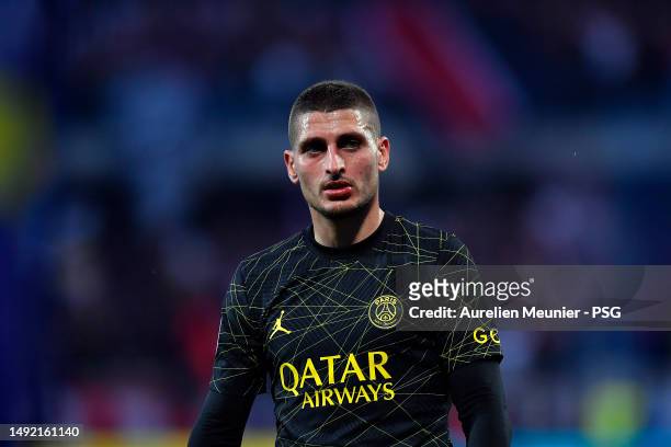 Marco Verratti of Paris Saint-Germain looks on during the Ligue 1 match between AJ Auxerre and Paris Saint-Germain at Stade Abbe Deschamps on May 21,...
