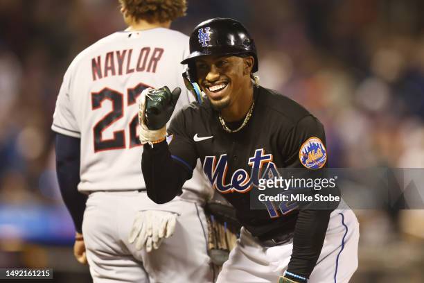 Francisco Lindor of the New York Mets reacts after hitting a single in the eighth inning against the Cleveland Guardians at Citi Field, in game two...