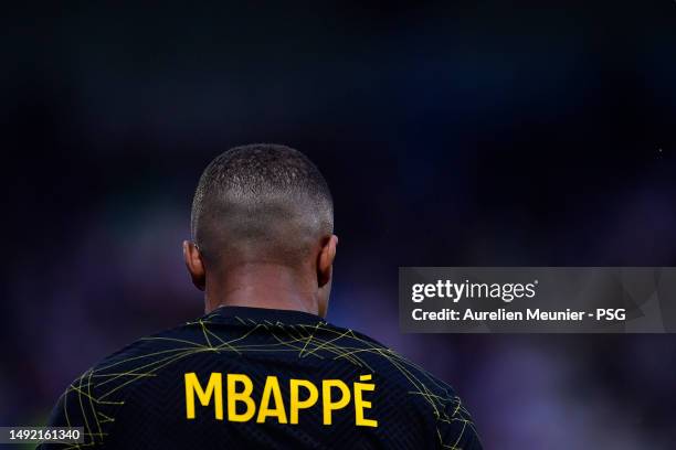 Kylian Mbappe of Paris Saint-Germain looks on during the Ligue 1 match between AJ Auxerre and Paris Saint-Germain at Stade Abbe Deschamps on May 21,...