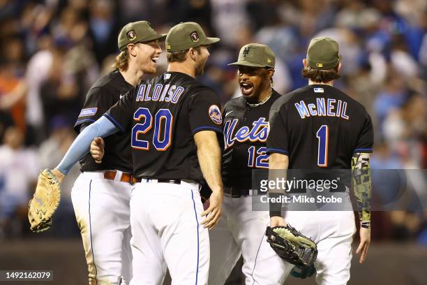 Pete Alonso, Brett Baty, Francisco Lindor and Jeff McNeil of the New York Mets celebrate after a 2-1 victory against the Cleveland Guardians at Citi...