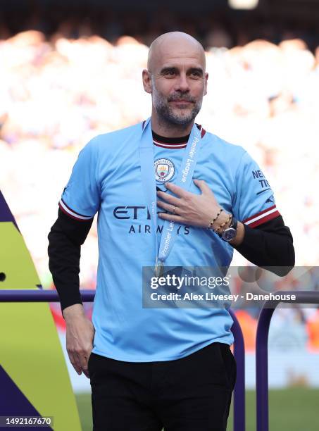 Pep Guardiola the manager of Manchester City looks on after the Premier League match between Manchester City and Chelsea FC at Etihad Stadium on May...