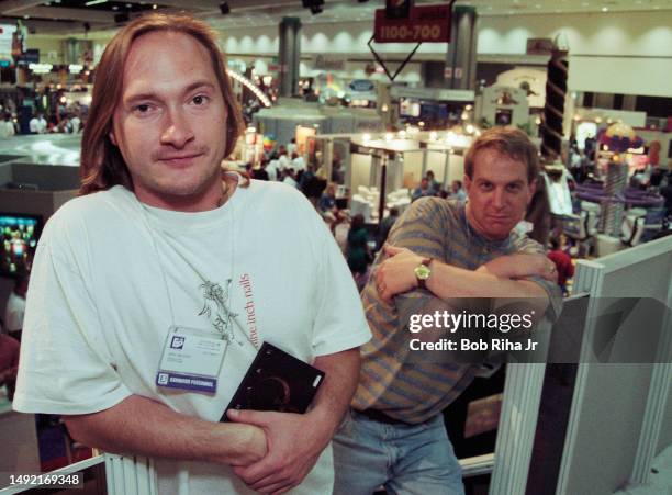 Software Video Game Developers Mike Wilson and Jay Wilbur during Electronic Entertainment Expo , May 16, 1996 in Los Angeles, California.