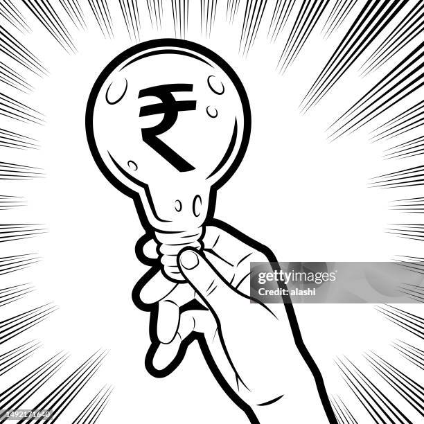 ilustraciones, imágenes clip art, dibujos animados e iconos de stock de una mano humana mostrando una bombilla de idea con un símbolo de dinero en el fondo con líneas de velocidad manga radiales - business model strategy