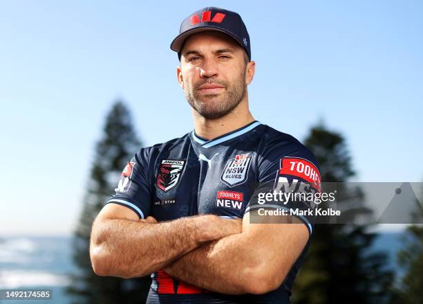 Blues captain James Tedesco poses during a NSW Blues State of Origin Media Opportunity at the Crowne Plaza, Coogee on May 22, 2023 in Sydney,...