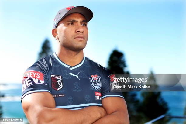 Tevita Pangai Junior of the Blues poses during a NSW Blues State of Origin Media Opportunity at the Crowne Plaza, Coogee on May 22, 2023 in Sydney,...