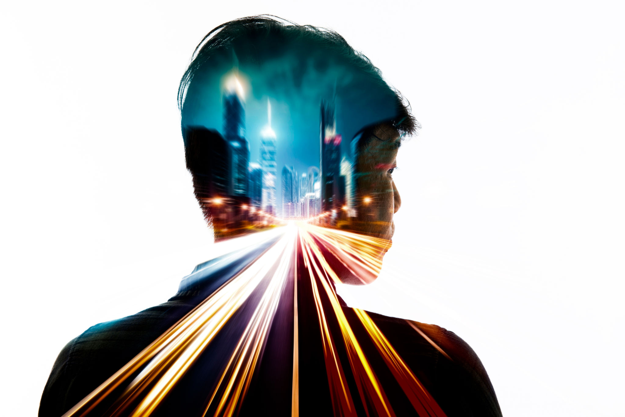 Double Exposure of man and city at night, internet 5G concept Double Exposure of man and city at night, internet 5G concept