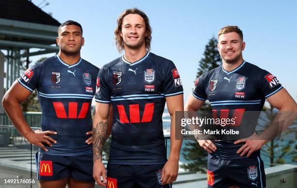 Tevita Pangai Junior, Nicholas Hynes and Hudson Young of the Blues pose during a NSW Blues State of Origin Media Opportunity at the Crowne Plaza,...