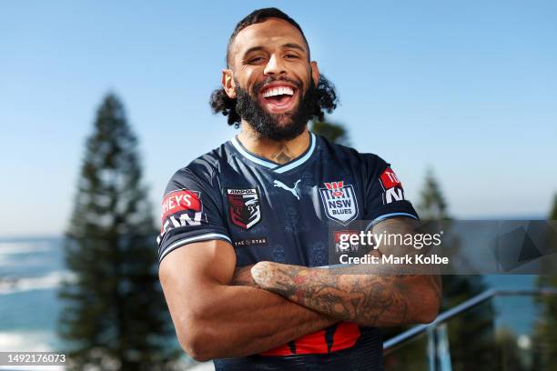 Josh Addo-Carr of the Blues poses during a NSW Blues State of Origin Media Opportunity at the Crowne Plaza, Coogee on May 22, 2023 in Sydney,...
