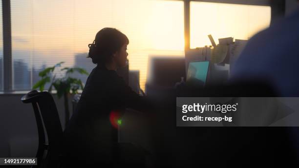 businesswoman working in office during sunset - typing office stock pictures, royalty-free photos & images