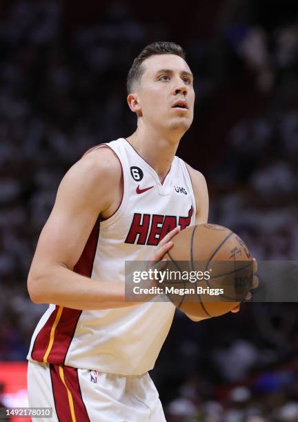 Duncan Robinson of the Miami Heat shoots a free throw during the fourth quarter against the Boston Celtics in game three of the Eastern Conference...