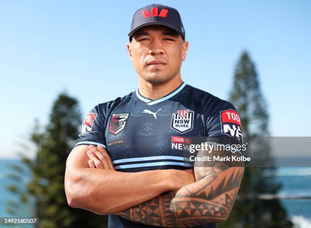 Tyson Frizell of the Blues poses during a NSW Blues State of Origin Media Opportunity at the Crowne Plaza, Coogee on May 22, 2023 in Sydney,...