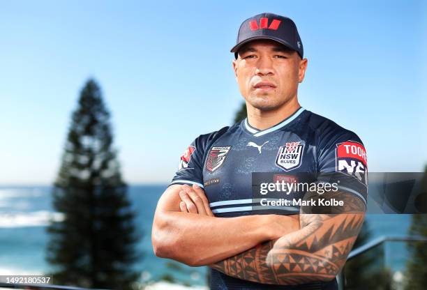 Tyson Frizell of the Blues poses during a NSW Blues State of Origin Media Opportunity at the Crowne Plaza, Coogee on May 22, 2023 in Sydney,...