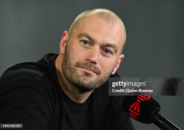 Former Australian footballer Tom Bellchambers speaks to the media during a media opportunity at Margaret Court Arena on May 22, 2023 in Melbourne,...