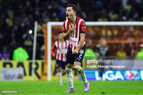 Alan Mozo of Chivas celebrates after scoring the team's second goal during the semifinals second leg match between America and Chivas as part of the...