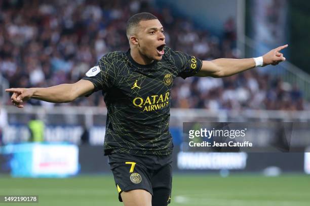Kylian Mbappe of PSG celebrates his second goal during the Ligue 1 Uber Eats match between AJ Auxerre and Paris Saint-Germain at Stade de l'Abbe...