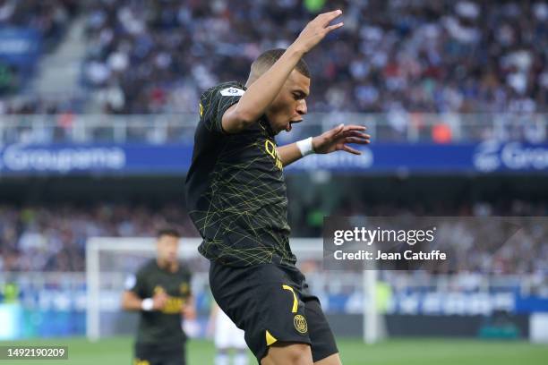 Kylian Mbappe of PSG celebrates his second goal during the Ligue 1 Uber Eats match between AJ Auxerre and Paris Saint-Germain at Stade de l'Abbe...