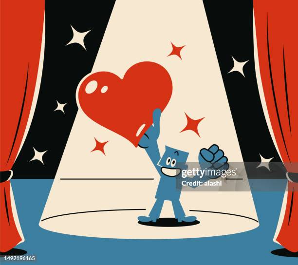 stockillustraties, clipart, cartoons en iconen met a smiling blue man showing love on stage with a spotlight - officiële openingen
