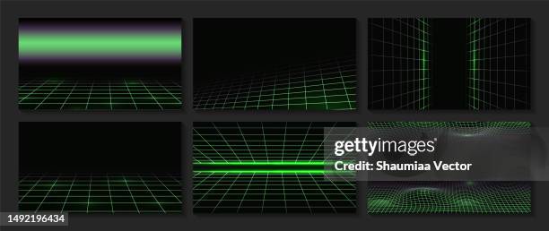 set of modern sci-fi background futuristic retro landscape of the 80`s with neon green blue purple colours on dark background - flare stack stock illustrations