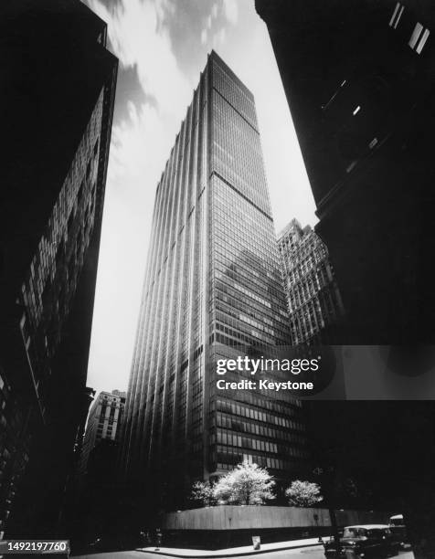 Low-angle view of One Chase Manhattan Plaza, the sixty-storey headquarters of Chase Manhattan Bank in the Financial District of Manhattan in New York...