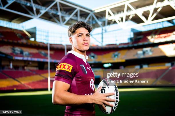 Reece Walsh poses for a photo during a Queensland Maroons State of Origin Media Opportunity at Suncorp Stadium on May 22, 2023 in Brisbane, Australia.