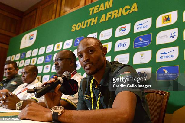 Long jumper Khotso Mokoena during the South African Olympic Team Press Conference from Copthorne Tara Hotel, Kensington on July 25, 2012 in London,...