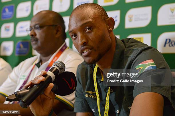 Long jumper, Khotso Mokoena during the South African Olympic Team Press Conference from Copthorne Tara Hotel, Kensington on July 25, 2012 in London,...