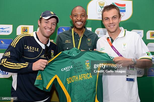 De Villiers, Khotso Mokoena and LJ van Zyl pose during the South African Olympic Team Press Conference from Copthorne Tara Hotel, Kensington on July...