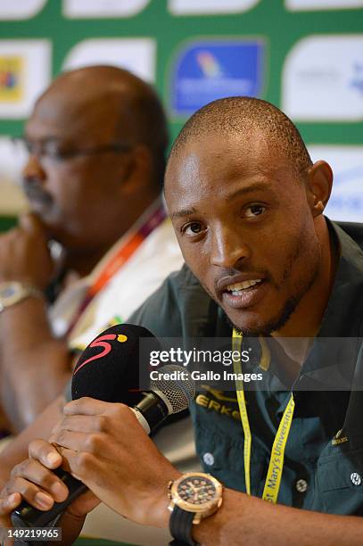 Long jumper Khotso Mokoena during the South African Olympic Team Press Conference from Copthorne Tara Hotel, Kensington on July 25, 2012 in London,...