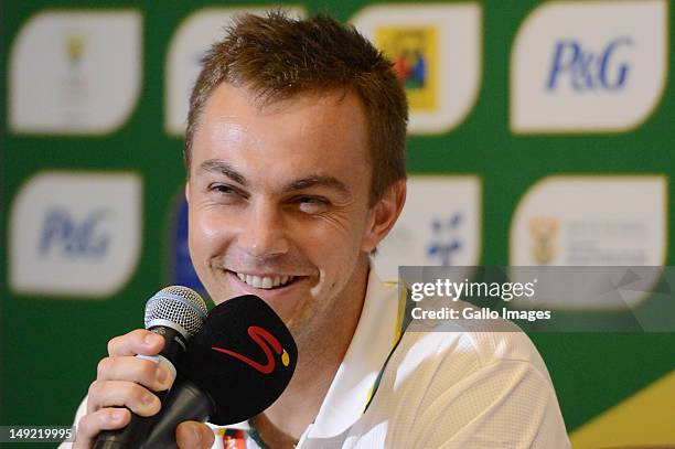 400m hurdler LJ van Zyl during the South African Olympic Team Press Conference from Copthorne Tara Hotel, Kensington on July 25, 2012 in London,...