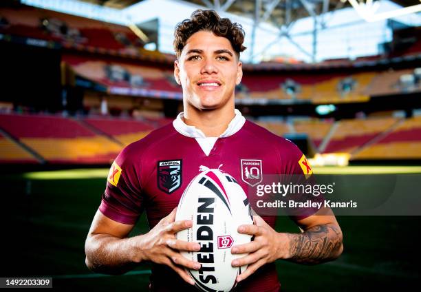 Reece Walsh poses for a photo during a Queensland Maroons State of Origin Media Opportunity at Suncorp Stadium on May 22, 2023 in Brisbane, Australia.