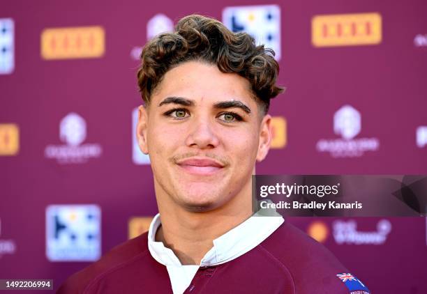 Reece Walsh speaks during a Queensland Maroons State of Origin Media Opportunity at Suncorp Stadium on May 22, 2023 in Brisbane, Australia.
