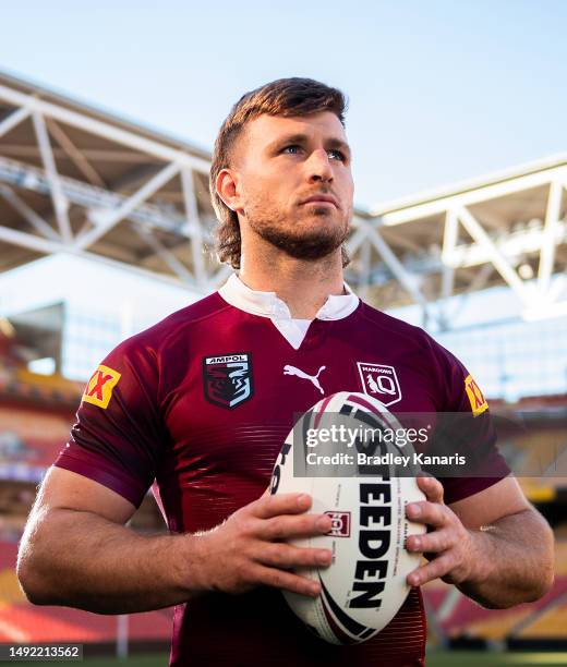 Jai Arrow poses for a photo during a Queensland Maroons State of Origin Media Opportunity at Suncorp Stadium on May 22, 2023 in Brisbane, Australia.