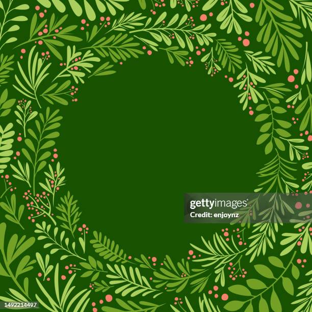 ilustrações de stock, clip art, desenhos animados e ícones de green christmas floral wreath circle border design - galhinhos