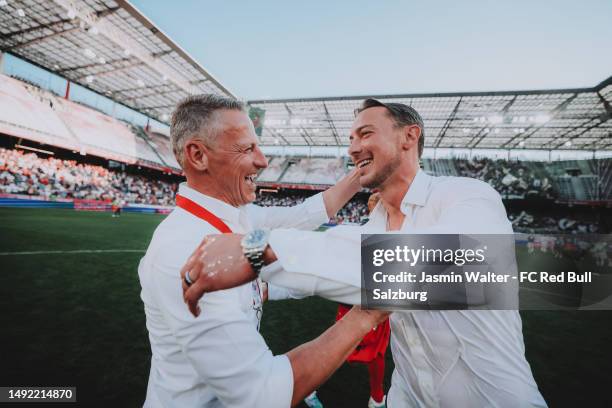 Head coach Matthias Jaissle and CEO Stephan Reiter of FC Red Bull Salzburg celebrates after the Admiral Bundesliga match between FC Red Bull Salzburg...