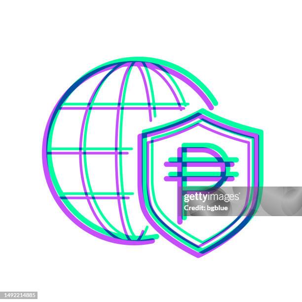 peso shield with globe. icon with two color overlay on white background - save planet stock illustrations