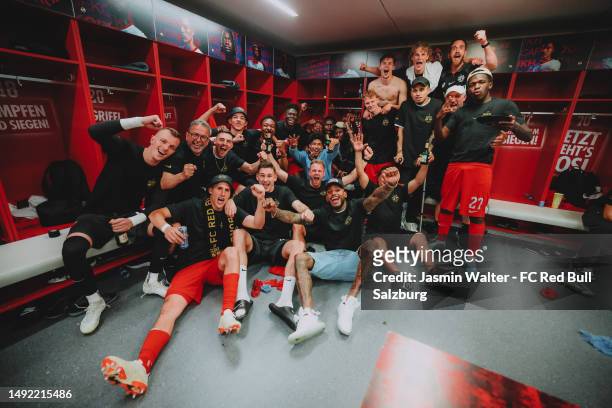 The team of FC Red Bull Salzburg celebrates after the Admiral Bundesliga match between FC Red Bull Salzburg and SK Puntigamer Sturm Graz at Red Bull...