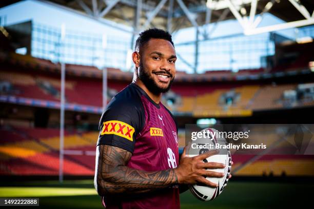 Hamiso Tabuai-Fidow poses for a photo during a Queensland Maroons State of Origin Media Opportunity at Suncorp Stadium on May 22, 2023 in Brisbane,...