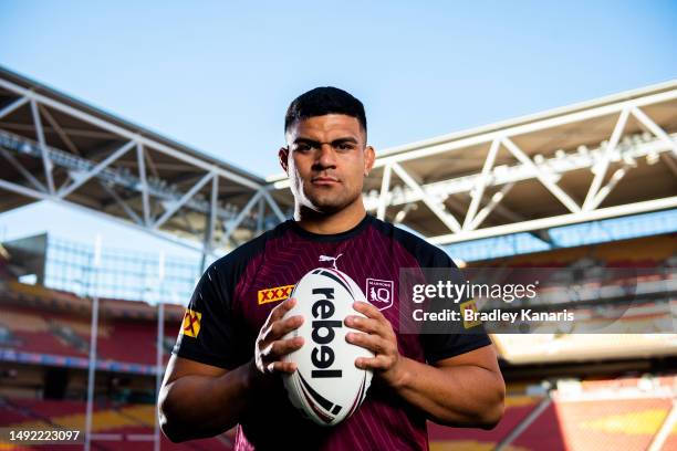 David Fifita poses for a photo during a Queensland Maroons State of Origin Media Opportunity at Suncorp Stadium on May 22, 2023 in Brisbane,...