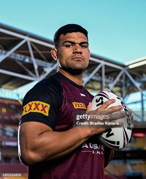 David Fifita poses for a photo during a Queensland Maroons State of Origin Media Opportunity at Suncorp Stadium on May 22, 2023 in Brisbane,...