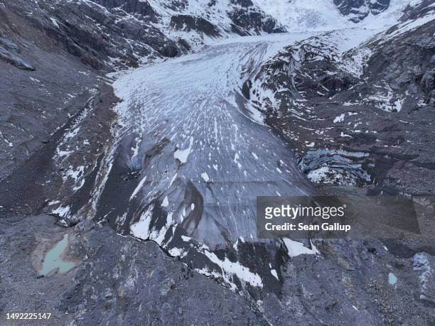 In this aerial view the receding Morteratsch glacier lies on May 21, 2023 near Pontresina, Switzerland. On June 18 Swiss voters will go to the polls...