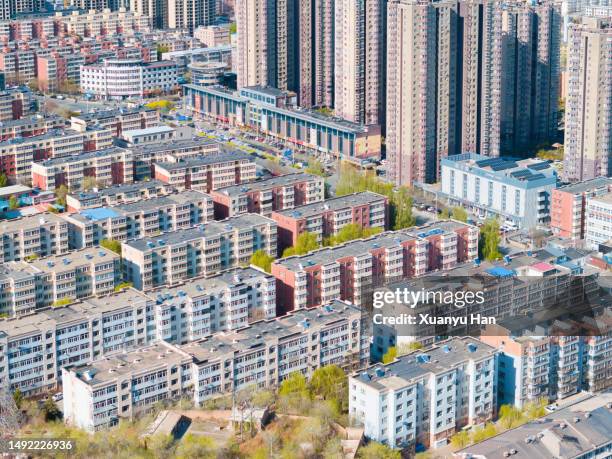 high angle view of residential buildings - provinz hebei stock-fotos und bilder