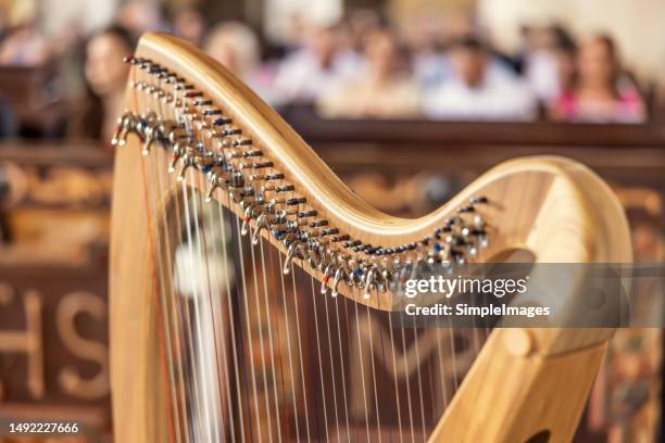 harp in the concert hall in front of the audience during a symphony concert. - lyra stock pictures, royalty-free photos & images