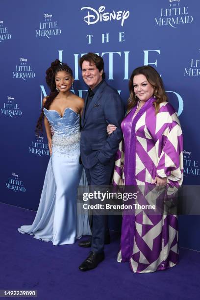 Halle Bailey, Rob Marshall and Melissa McCarthy attend the Australian premiere of "The Little Mermaid" at State Theatre on May 22, 2023 in Sydney,...