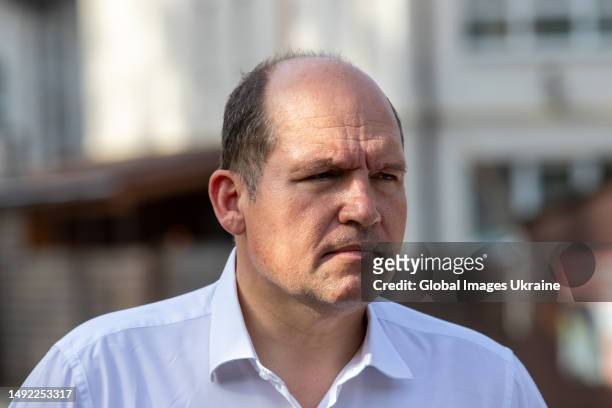 Philippe Close, the current mayor of the city of Brussels, visits Bucha on May 3, 2023 in Bucha, Ukraine. Belgian politicians visited Bucha and...