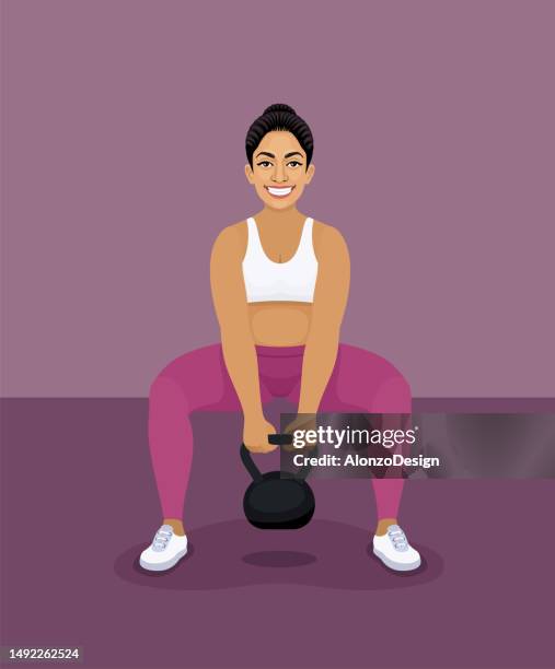 indische frau hebt schwere gewichts-kettlebell im fitnessstudio. - fitnessraum stock-grafiken, -clipart, -cartoons und -symbole