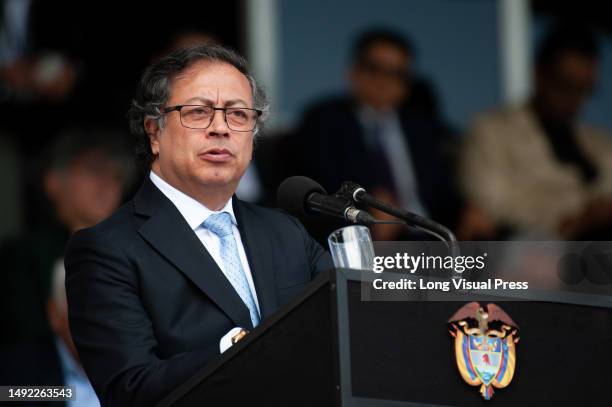 Colombia's president Gustavo Petro gives a speech during the ceremony of the new Colombian Police Director William Rene Salamanca at the General...