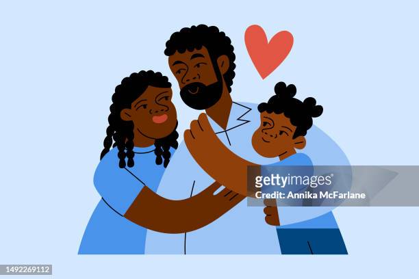 ilustrações, clipart, desenhos animados e ícones de um pai negro solteiro abraça suas duas filhas amorosamente - cabelo preto